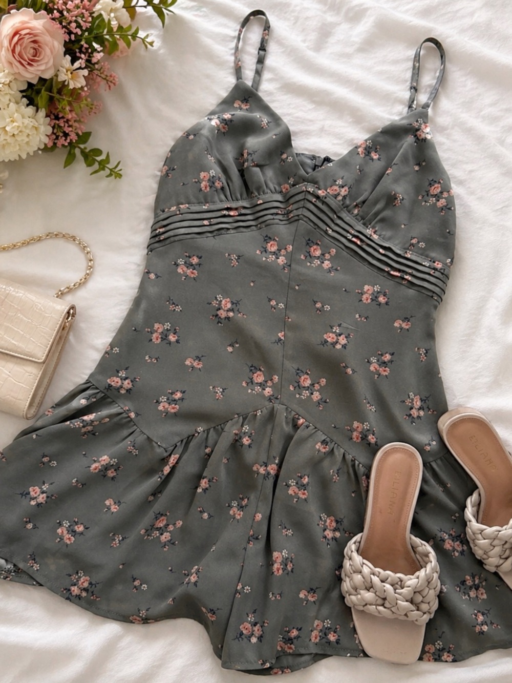 Olive Green Floral Ruffle Romper